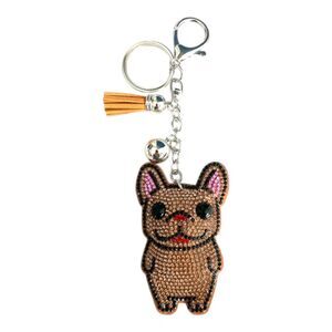 Sparkling Cartoon French Bulldog Badge Charm Keychain with Rhinestones & Tassel